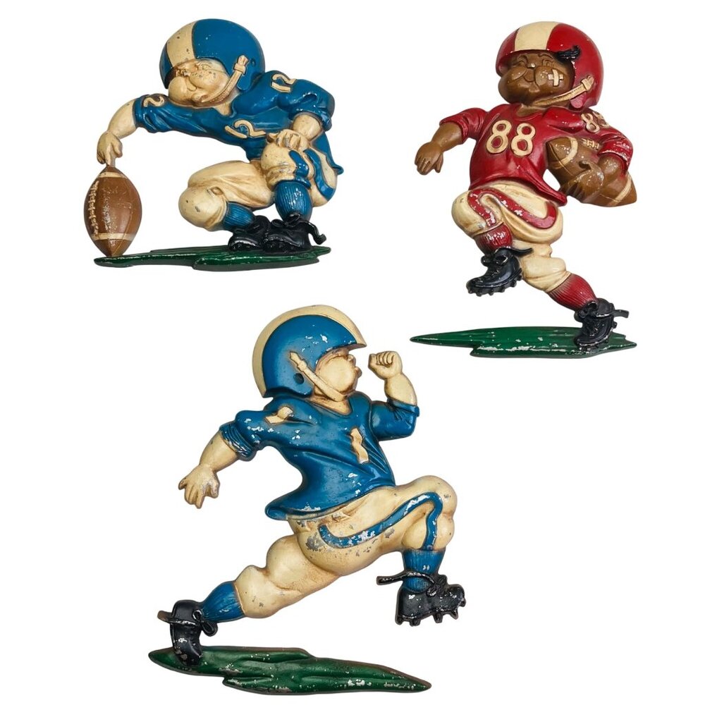 Vintage 1976 Homco Cast Metal Football Players - 3 Wall Art 70s Boys Room Decor